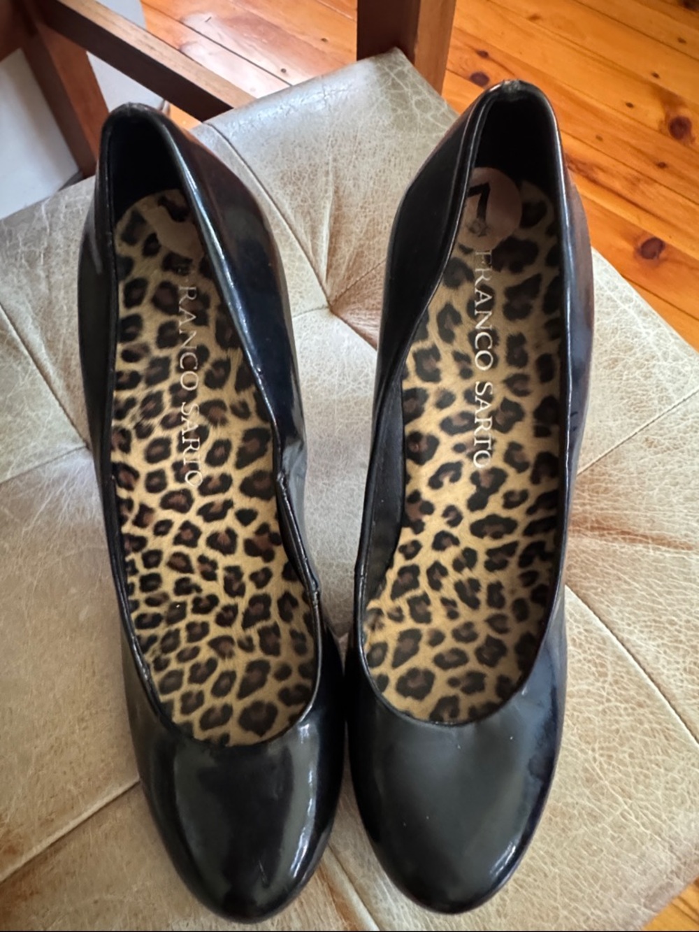 Franco Sarto Black Patent Pumps with Leopard Insole